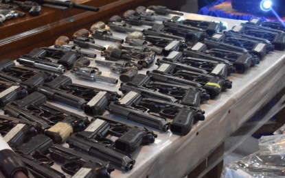 <p><strong>LOOSE FIREARMS.</strong> Police collected at least 102 loose firearms in the continuing Oplan “Katok” aimed at retrieving unlicensed firearms in General Santos City since January 2022. Col. Paul Bometivo, acting city police director, said Tuesday (March 22, 2022) that most of the firearms comprised of unlicensed .45-caliber and 9mm pistols. <em>(Photo courtesy of General Santos CPO)</em></p>