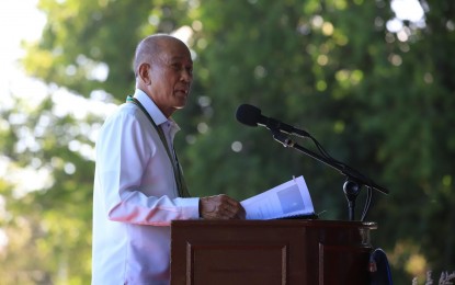 <p><strong>PARTNER FOR PEACE.</strong> Defense Secretary Delfin Lorenzana speaks during the 125th anniversary of the Philippine Army (PA) in Fort Bonifacio on Tuesday (March 22, 2022). Lorenzana recognized the PA as a reliable and responsive partner of the people in promoting peace and fostering nation building. <em>(Photo courtesy of Philippine Army)</em></p>