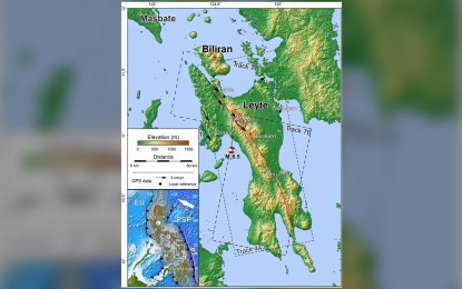<p><strong>EARTHQUAKE HAZARD.</strong> The red line shows the Leyte Island fault line. The Philippine Institute of Volcanology and Seismology (Phivolcs) said the recent movement of the Leyte Island fault line is a reminder to the public to prepare for a stronger earthquake. <em>(Photo courtesy of AGU online library) </em></p>