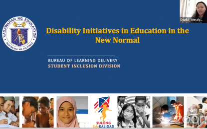 <p><strong>INCREASE PWD ENROLLMENT.</strong> Annalyn Aquino, Department of Education (DepEd) Senior Education Program Specialist of Student Inclusion Division-Bureau of Learning delivery, presents initiatives of the department for learners with disabilities in a webinar on Monday (March 28, 2022). She said one of the DepEd's targets is to increase the number of enrollees with disabilities, after its decline during the pandemic. <em>(Screengrab from DepEd webinar)</em></p>