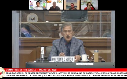 <p><strong>SENATE PROBE.</strong> Senate President Vicente Sotto III asks questions during the Senate Committee of the Whole hearing on the smuggled agricultural products on Monday (March 28, 2022). Bureau of Customs Assistant Commissioner Vincent Maronilla and Agriculture Assistant Secretary Federico Laciste Jr. attended the second hearing. <em>(Screengrab from Senate hearing)</em></p>