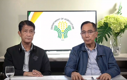 <p><strong>BIRD FLU.</strong> Department of Agriculture Secretary William Dar (right) and Assistant Secretary Noel Reyes (left) present updates on DA's "Plant, Plant, Plant Program Part 2" during a virtual press conference on food security on Tuesday (March 29, 2022). Dar assured the public bird flu outbreak is under control as they have imposed stricter containment measures. <em>(Screengrab)</em></p>