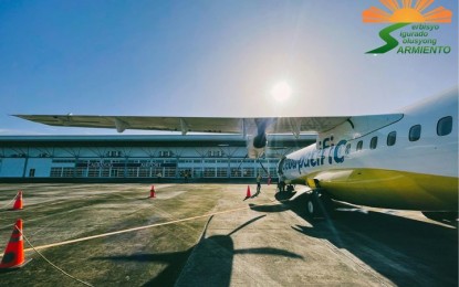 <p><br /><strong>FLIGHTS BACK</strong>. A Cebu Pacific aircraft at the Calbayog Airport in Samar in this undated photo. An official in Samar has welcomed the resumption Cebu-Calbayog flights of Cebu Pacific on March 29, 2022 after two years of pandemic hiatus. <em>(Photo courtesy of Rep. Edgar Mary Sarmiento)</em></p>