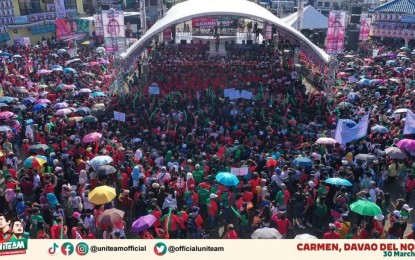 <p><strong>GRAND RALLY.</strong> Aerial shot during the grand rally of the UniTeam in Carmen, Davao del Norte on Wednesday (March 30, 2022). Presidential aspirant Ferdinand Marcos Jr. and vice-presidential aspirant Davao City Mayor Sara Z. Duterte called for unity among supporters. <em>(Photo from Uniteam BBM-Sara)</em></p>