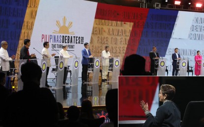 <p><strong>PRESIDENTIAL DEBATES.</strong> Nine of 10 presidential aspirants in the second installment of the Commission on Elections “PiliPinas Debates 2022” listen to moderator and broadcast journalist Ces Oreña-Drilon (inset) at Sofitel Philippine Plaza Hotel in Pasay City on April 3, 2022. The third and last series of the debates will now be an interview format.<em> (PNA photo by Avito Dalan)</em></p>