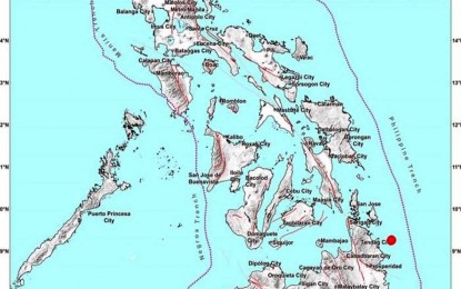 <p>A map from the Philippine Institute of Volcanology and Seismology indicates the location of one of the three strong earthquakes that hit the vicinity of Surigao del Sur Sunday evening, April 3, 2022.</p>