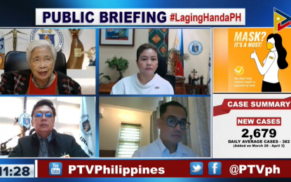<p><strong>POLL WORKERS</strong>. Education Secretary Leonor Briones (uppermost left) joins other executives in the Laging Handa public briefing on Wednesday (April 6, 2022). They discussed the higher honoraria and allowances of teachers who will serve as poll workers in the May 9 elections.<em> (Screengrab from Laging Handa)</em></p>