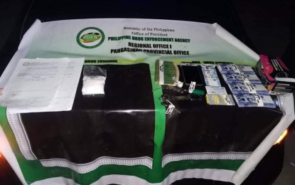 <p><strong>BUSTED</strong>. Authorities confiscate 100 grams of suspected shabu worth PH680,000 in a buy-bust operation in Calasiao town, Pangasinan on March 5, 2022. The suspect was a high-value target. <em>(Photo courtesy of PDEA Pangasinan)</em></p>