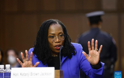<p><strong>FIRST BLACK WOMAN IN US SUPREME COURT.</strong> File photo taken on March 23, 2022 shows Judge Ketanji Brown Jackson testifying during the Senate Judiciary Committee's confirmation hearing on her nomination to the US Supreme Court in Washington, D.C., the United States. The US Senate confirmed Judge Ketanji Brown Jackson for the Supreme Court in a 53-47 vote on April 7, 2022. <em>(Photo by Ting Shen/Xinhua)</em></p>