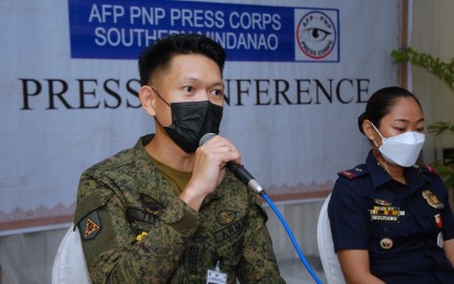 <p><strong>SUSTAIN GAINS.</strong> Capt. Mark Tito, Philippine Army's 10th Infantry Division spokesperson, says that with the collapse of the armed communist rebellion, the military can now focus on productive aspects such as enhancing territorial defense. In a press briefing in Davao City Wednesday (April 13, 2022), Tito underscores the importance of sustaining the government's gains against the communist insurgency to prevent the revival of armed conflicts.<em> (PNA Photo by Robinson Niñal)</em></p>