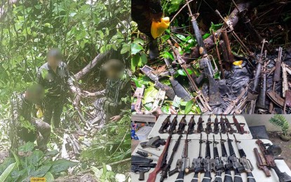 <p><strong>ARMORY.</strong> Government troops recover Monday (April 11, 2022) a cache of high-powered firearms belonging to the New People's Army in Barangay Kasapa 2, La Paz, Agusan del Sur. This is the biggest haul of high-powered firearms from the NPA in the area this year, according to the military's Eastern Mindanao Command. <em>(Photo courtesy of EastminCom)</em></p>