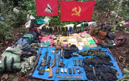 <p><strong>RECOVERED.</strong> The war materiel and subversive documents recovered by government troops after a clash with remnants of the New People's Army front group in Sibulan, Negros Oriental on Thursday (April 14, 2022). A rebel was found dead after the firefight.<em> (Photo courtesy of the 11IB, Philippine Army)</em></p>