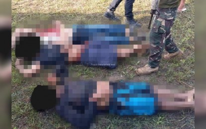 <p><strong>CASUALTIES</strong>. The bodies of  suspected New People's Army fighters found in Maguilling, Piat town after an armed encounter between rebels and government soldiers in the boundary of Piat and Sto. Niño, Cagayan on Maundy Thursday (April 15, 2022). Soldiers and police processed the clash site and recovered items left by the fleeing rebels. <em>(Photo from Philippine National Police-Cagayan)</em></p>