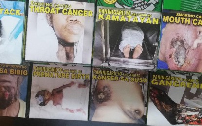 <p><strong>SMOKING DEATHS.</strong> The harmful effects of smoking are displayed in the packaging of these cigarettes in this undated photo in Baguio City. On April 21, the Smoke-Free Baguio group will open an art exhibit in the Central Business District, featuring 321 pairs of footwear, representing the 321 Filipinos killed by smoking daily. <em>(PNA photo by Liza T. Agoot)</em></p>