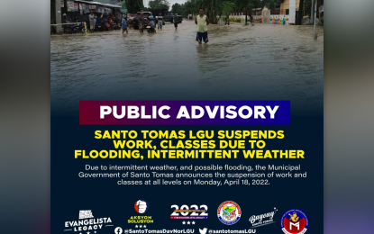<p>The Sto. Tomas, Davao del Norte town's flood advisory Monday, April 18, 2022.</p>