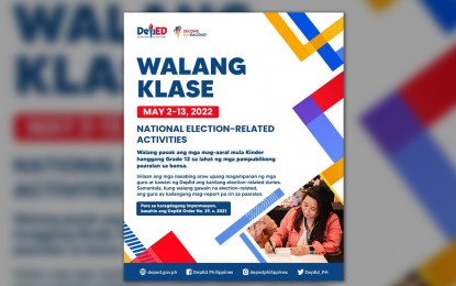 <p><strong>NO CLASSES</strong>. The Department of Education (DepEd) says on Monday (April 18, 2022) that classes in all levels of public schools will be suspended from May 2 to 13. The DepEd said the suspension will give teachers and other DepEd staff enough time to prepare and perform their electoral duties for the upcoming May 2022 polls. <em>(Photo courtesy of DepEd)</em></p>