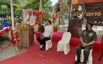 <p><strong>RACE IS ON</strong>. Senate President Vicente Sotto III delivers his speech during the 145th birth anniversary celebration of his grandfather, the late senator Don Vicente "Inting" Sotto, on Monday (April 18, 2022). In a press conference before the event, he said he will not support calls for any presidential bet to withdraw from the race. <em>(PNA photo by John Rey Saavedra)</em></p>