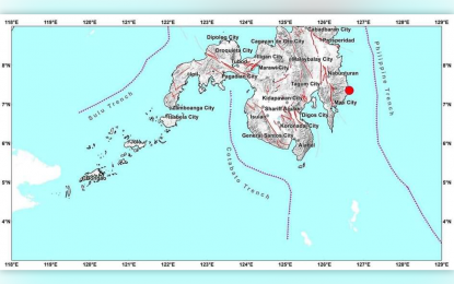<p>A Phivolcs map shows the location of the 6.2 magnitude earthquake that jolted Manay town in Davao Oriental Tuesday (April 19, 2022).</p>