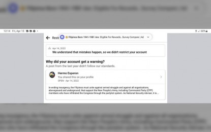 <p><strong>FB WARNING.</strong> A screenshot of Esperon's post on April 14, 2022 that received a warning from Facebook. Esperon said in a separate FB post that he knows better about matters of national security. <em>(Screenshot from Esperon's Facebook account)</em></p>