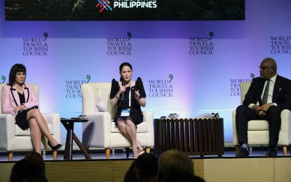 <p><strong>WTTC TOURISM SUMMIT. </strong>World Travel & Tourism Council (WTTC) president Julia Simpson (left), Department of Tourism Secretary Bernadette Romulo-Puyat (middle), and WTTC Chairman Arnold Donald (right), during the kick off of the 21st WTTC annual Global Summit held at the Marriott Hotel in Pasay City on Wednesday (April 20, 2022). The most influential travel and tourism event gathered industry leaders and government representatives aimed to continue aligning efforts to support the sector’s recovery from the pandemic. <em>(PNA photo by Joey O. Razon)</em></p>