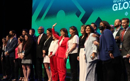 <p><strong>TOURISM SUMMIT.</strong> WTTC president and CEO Julia Simpson with the rest of the global tourism body's staff during the closing ceremony of the three-day WTTC Global Summit in Manila on Friday (April 22, 2022). Tourism Secretary Bernadette Romulo-Puyat said the Philippines successfully hosted the 2022 World Travel & Tourism Council summit, with zero cases of coronavirus disease 2019 infection.<em> (Photo courtesy of WTTC)</em></p>