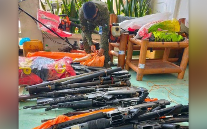 <p><strong>FIREARMS' CONSOLIDATION.</strong> A soldier wraps the firearms gathered from former Moro Islamic Liberation Front (MILF) on Wednesday (April 20, 2022) in Sulu for safekeeping by the International Decommissioning Body. The government and MILF peace implementing panels agreed to decommission some 14,000 combatants and over 2,400 firearms under the third phase of the decommissioning process. <em>(Photo courtesy of the Joint Task Force - Sulu)</em></p>