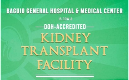 <p><strong>ACCREDITED</strong>. The Department of Health accredits the Kidney Transplant facility of the Baguio General Hospital and Medical Center on April 4, 2022. Dr. Virginia Mangati, adult nephrologist and head of the Hemodialysis Center of the hospital, on Wednesday (April 27, 2022) said the accreditation will not only bring the transplant center closer to the patients in Baguio City and other parts of the region but will also cut the cost of the procedure and the attached expenses. <em>(PNA photo from the FB post of the BGHMC)</em></p>