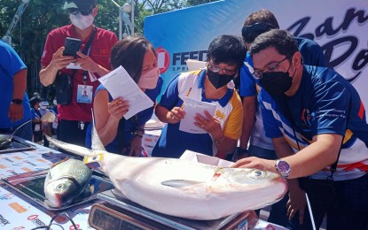 <p><strong>HEAVIEST BANGUS</strong>. Judges inspect the digital weighing scale as entries in the search for The Heaviest Dagupan Bangus are weighed one by one during the Bangus Rodeo event Thursday (April 28, 2022). Other competitions at the Bangus Rodeo were the search for the Prettiest Dagupan Bangus, Longest Dagupan Bangus, and individual contests such as Fastest Bangus Classifier, Fastest Bangus Deboner, and Fastest Bangus Eater.<em> (Photo by Liwayway Yparraguirre)</em></p>