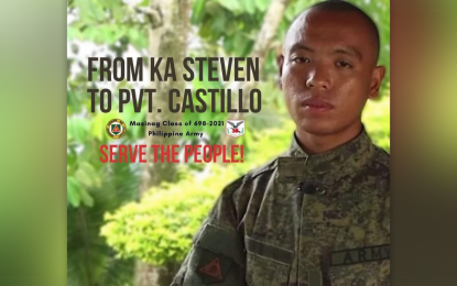 <p><strong>SERVING THE PEOPLE.</strong> Daniel Castillo, a former political instructor of the Guerilla Front 55 of the New People's Army, is now a soldier after he graduated from the six-month training at the Army’s 10th Infantry Division (ID) Training School on Thursday (April 28, 2022). He was joined in the graduation by Gelejurain l Alce Nguho, the former supply officer of the same NPA guerilla front, who is also now a soldier under the 10ID.<em> (Photo courtesy of 10ID)</em></p>