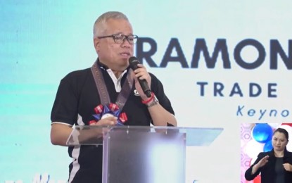 <p><strong>JOBS, JOBS, JOBS.</strong> Trade Secretary Ramon Lopez delivers his message during the 120th Labor Day Trabaho, Negosyo, Kabuhayan Job and Business fair in San Fernando, Pampanga on Sunday (May 1, 2022). He vowed that the Department of Trade and Industry would continue to attract more investments into the country to create more jobs for Filipinos. <em>(Screenshot from DOLE Facebook page's livestream)</em></p>