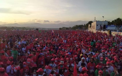 <p><strong>'MITING DE AVANCE</strong>'. Supporters fill the four-hectare football field of the municipality of Guimbal, Iloilo during the first "Miting de Avance" of the UniTeam on Tuesday (May 3, 2022). Vice presidential aspirant Sara Duterte reiterated the priorities of their group should they win in the May 9 elections. <em>(Photo courtesy of Iloilo News and Events)</em></p>