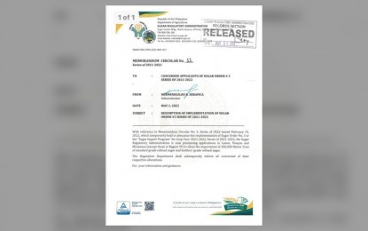 <p><strong>IMPORT ORDER</strong>. A copy of Memorandum Circular 11 dated May 2, 2022 issued by Sugar Regulatory Administration chief Hermenegildo Serafica and a copy of which was obtained by the United Sugar Producers Federation (UNIFED). The directive states that SRA is now processing applications from Luzon, Visayas, and Mindanao traders, except Western Visayas, to import 200,000 metric tons of standard grade refined sugar and bottler’s grade refined sugar. <em>(Image courtesy of UNIFED)</em></p>