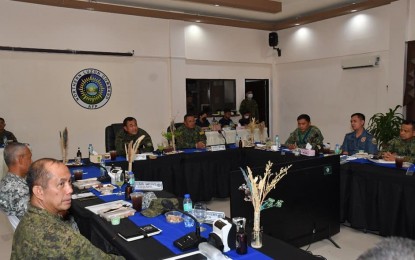 <p><strong>SECURITY MEETING</strong>. The Northern Luzon Command led by Lt. Gen. Ernesto Torres Jr. (center), conduct the Joint Peace Security Coordinating Committee Area (JPSCC-A) meeting on Thursday (May 5, 2022) at Camp Aquino, Tarlac City in preparation for the May 9 polls. The meeting was also participated in by the Philippine National Police, Philippine Coast Guard, and the Commission on Elections. <em>(Photo courtesy of Nolcom)</em></p>