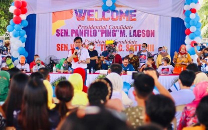 <p><strong>ASSURANCE.</strong> Presidential candidate Senator Panfilo Lacson talks to the crowd during a campaign sortie in Maguindanao on Thursday (May 5, 2022). He assured there will be no discrimination under his administration and human rights will be valued regardless of stature and gender. <em>(Photo courtesy of Sen. Lacson Facebook)</em></p>
