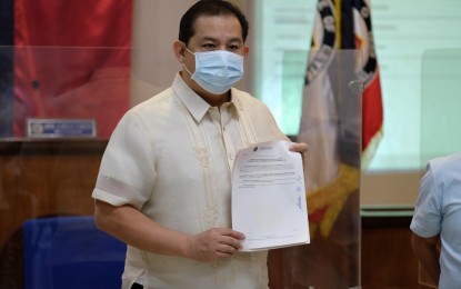 <p><strong>COVID-19 RECOVERY PLANS.</strong> Reelected 1st District Leyte Rep. Martin Romualdez vows to pursue Covid-19 recovery measures after his proclamation at the Province of Leyte Old Legislative Building on Wednesday (May 11, 2022). Romualdez ran unopposed for his fifth term in total as the district’s congressman. <em>(Photo courtesy of Romualdez's office)</em></p>