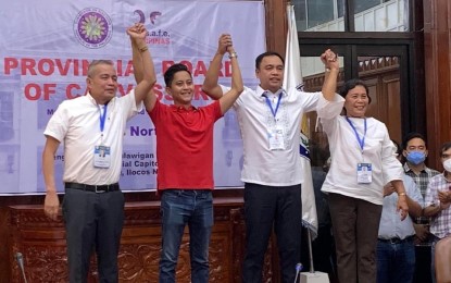 <p><strong>SWEET VICTORY</strong>. The provincial board of canvassers in Ilocos Norte proclaim Ferdinand Alexander "Sandro" Marcos (in red) as the elected representative of the 1st District of Ilocos Norte on Tuesday (May 10, 2022). For the first time in history, a Marcos will represent the first district of Ilocos Norte, which used to be a stronghold of the Farinas clan. <em>(Contributed photo)</em></p>