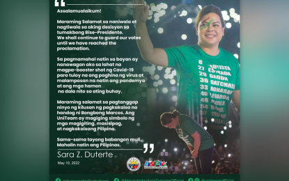 <p>Davao City Mayor Sara Z. Duterte's statement on her apparent election as the next vice president of the Philippines.</p>
