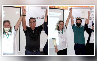 <p><strong>WINNING DUO.</strong> Datu Akmad Mitra Ampatuan (black polo shirt) and his son, Engr. Marop Ampatuan (green shirt), are proclaimed mayor-elect and vice mayor-elect, respectively, of Sharif Aguak town, Maguindanao on Wednesday (May 11, 2022). The father-son tandem won by landslide margins against their rivals.<em> (Photo courtesy of Shariff Aguak LGU)</em></p>