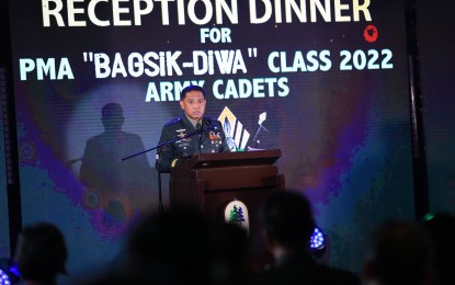 <p> </p>
<p> </p>
<p>Army Commanding General Lt. Gen. Romeo S. Brawner, Jr., delivers keynote speech before Philippine Military Academy (PMA) cadets who are set to join th Philippine Army (PA) during the reception dinner for graduating PMA cadets at the Forest Lodge, Camp John Hay, Baguio City on May 12, 2022. <em>(Photo courtesy of PA) </em></p>