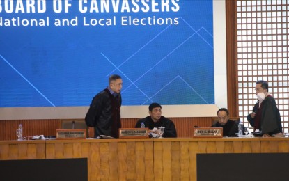 <p><strong>TALLY GROUP.</strong> The National Board of Canvassers, led by Commission on Elections Chairperson Saidamen Pangarungan (left), continues with the canvassing of votes for senators and party-list groups at PICC Forum Tent in Pasay City on Monday (May 16, 2022). Except for 14 villages in Lanao del Sur that will hold special elections next week, 172 of 173 Certificates of Canvass have been tallied.<em> (PNA photo by Avito Dalan)</em></p>