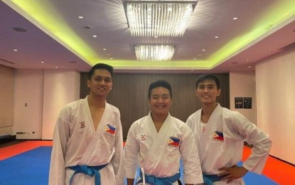<p><strong>READY FOR SEA GAMES</strong>. John Matthew Manantan, John Enrico "Joco" Vasquez, and Jayson Ram Macaalay (from left to right) all grow up in karate under the tutelage of Dr. Alejandro Vasquez of the Filipinas Wado Ryu Karatedo Renmei based in Dagupan City. The three are Wado Ryu international black belters. <em>(Photo courtesy of Matthew Manantan)</em></p>