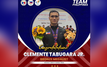 <p>Clemente Tabugara, a Zamboangueño, wins a medal for wushu in the 31st Southeast Asian (SEA) Games. <em>(Photo courtesy of Team Philippines)</em></p>