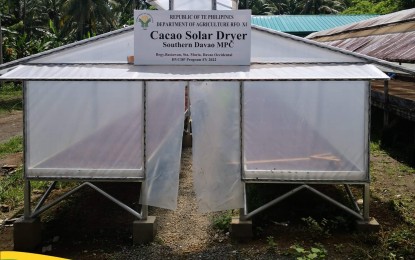 <p><strong>POST-HARVEST FACILITY.</strong> This solar dryer unit is part of the PHP3.9 million post-harvest facility donated by the Department of Agriculture in the Davao Region (DA-11) to the Southern Davao Multipurpose Cooperative (SDMC) in Sta. Maria, Davao Occidental on Monday (May 16, 2022). The donation also includes a cacao storage building and a cacao fermentation facility. <em>(Photo courtesy of DA-11)</em></p>