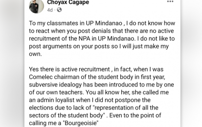 <p>Screenshot of Choyax Cagape's Facebook post, alleging that communist rebels are actively recruiting UP-Mindanao students to the New People's Army. Cagape is an alumnus of the Davao City-based state university.</p>