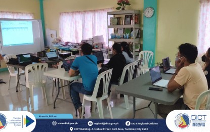<p><strong>GOING DIGITAL</strong>. Health workers attend a Vaccination Administration System (VAS) training in Almeria Biliran in this May 19, 2022 photo. The system developed by the Department of Information and Communications Technology aims to speed up the registration of information in the vaccination against Covid-19. <em>(Photo courtesy of DICT Region 8)</em></p>