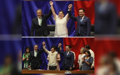 <p><strong>PROCLAIMED</strong>. Congress, sitting as National Board of Canvassers (NBOC), proclaims Ferdinand “Bongbong” Marcos Jr. as the country's new president and Sara Duterte as vice president-elect at the House of Representatives session hall at Batasan Pambansa, Quezon City on Wednesday (May 25, 2022). The UniTeam’s tandem won by a landslide with Marcos garnering 31.6 million votes and Duterte earning 32.2 million votes in the last May 9 polls. <em>(PNA photos by Avito Dalan)</em></p>