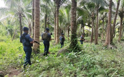 <p><strong>FIGHTING INSURGENCY</strong>. Troopers from the 1st Eastern Samar police mobile force company patrolling in Dolores, Eastern Samar in this May 25, 2022 photo. The police unit said on Friday (May 27, 2022) the recent surrender of a team leader and a member of the New People’s Army has further weakened the communist terrorist group in Eastern Samar.<em> (Photo courtesy of 1st ESPMFC)</em></p>