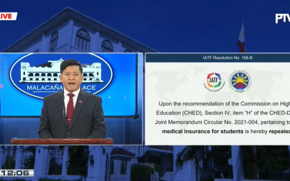 <p><strong><span data-preserver-spaces="true">MEDICAL INSURANCE REQUIREMENT LIFTED. </span></strong><span data-preserver-spaces="true">Deputy Presidential Spokesperson, Undersecretary Michel Kristian Ablan, says during a Palace press briefing on Friday (May 27, 2022) that the Inter-Agency Task Force has approved the lifting of medical insurance requirements for college students. The Commission on Higher Education has earlier recommended repealing the requirement for students.</span><span data-preserver-spaces="true"> <em>(Screengrab) </em></span></p>