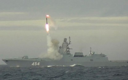 <p>This screengrab of footage released by the Russian Defense Ministry shows that frigate Admiral Gorshkov test-fires a Tsirkon hypersonic cruise missile from the Barents Sea on May 28, 2022.</p>