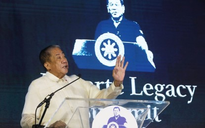<p><strong>DUTERTE LEGACY.</strong> Department of Transportation (DOTr) Secretary Art Tugade delivers his speech during the kickoff of a two-day Duterte Legacy Summit at the PICC in Pasay City on Monday (May 30, 2022). He said in a span of six years, the DOTr has completed 250 airport and aviation projects, 1,200 kilometers of completed and ongoing railway projects, 579 completed maritime projects, and more in the road sector. <em>(PNA photo by Avito C. Dalan)</em></p>